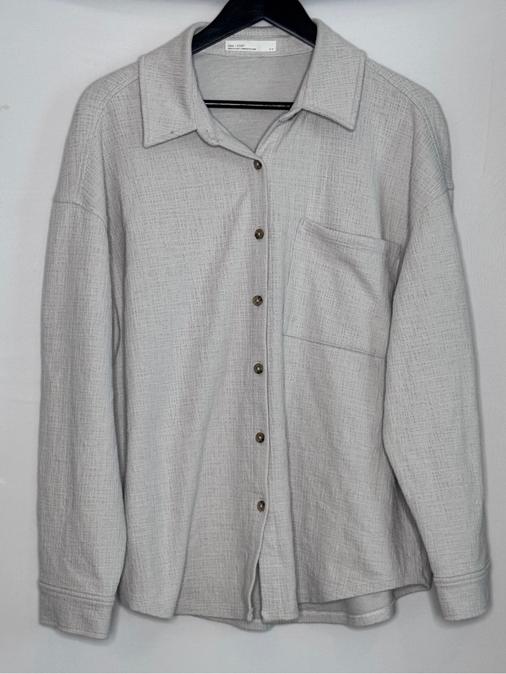 Oak + Fort Textured Knit Shacket Button Front Overshirt Cream Ivory Size Medium